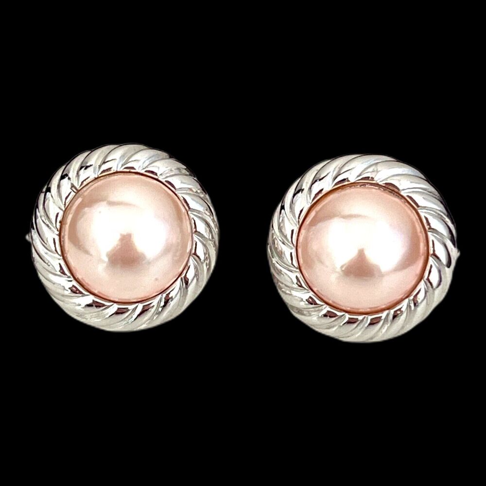 Vintage 1980s Marvella Clip Earrings Silver Tone Pink Pearl - 1E